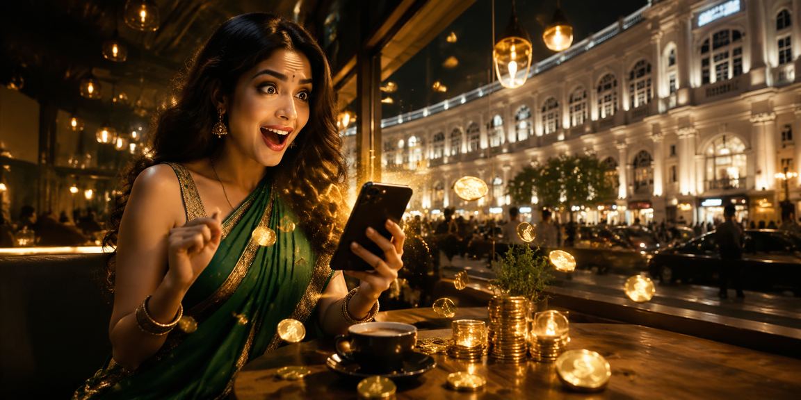 Indian woman playing Rummy online on smartphone at Connaught Place Delhi