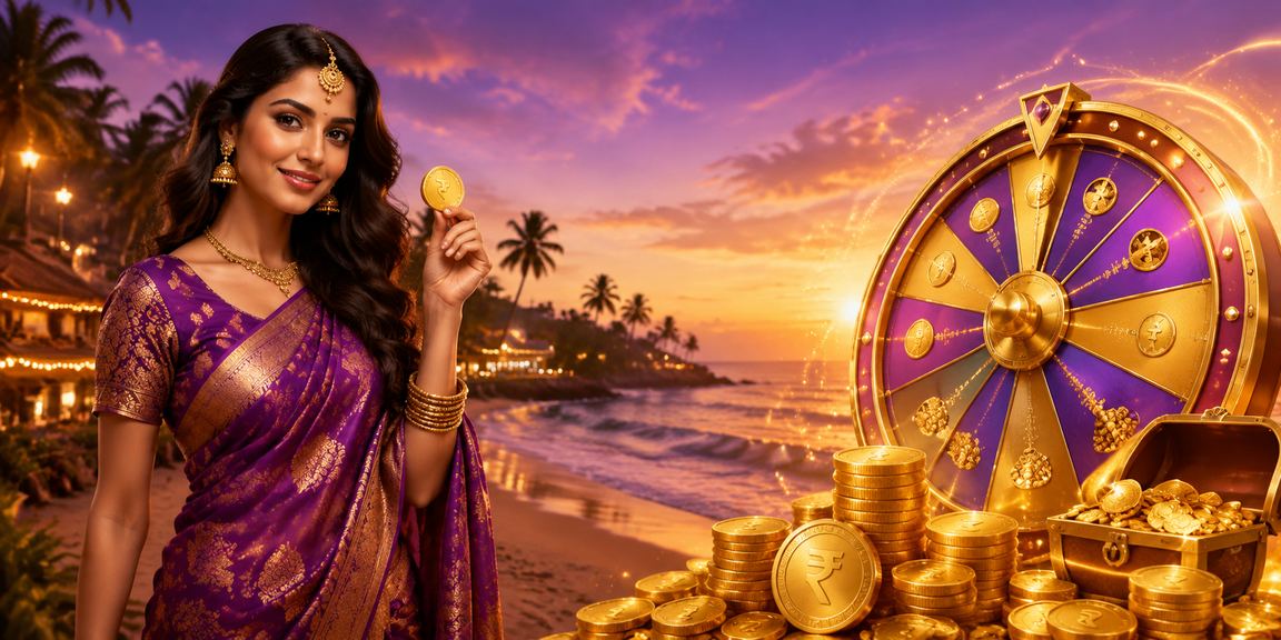 Scenic Goa beach with casino ambiance illuminated by golden sunset