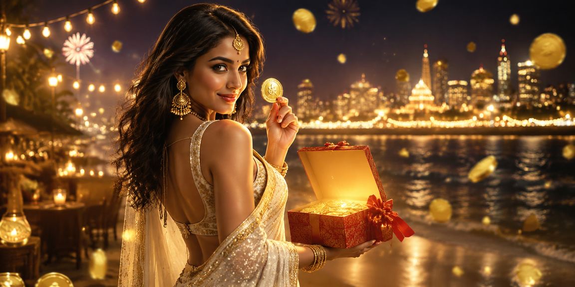 Indian woman celebrating with red envelope bonus and saree