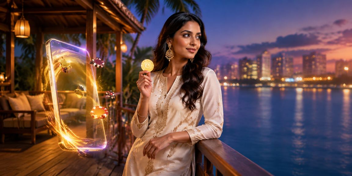 Woman using casino app on phone in kurti traditional dress Kerala